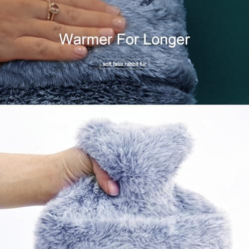 Bonilife Hot Water Bottle with Fluffy Cover, 2L Large Rubber Hot Water Bag with Hand Warmer Pocket Cover for Shoulder, Back, Period Pain Relief, Hot Water Bottle for Men Women Kids Adult-Grey — view 6