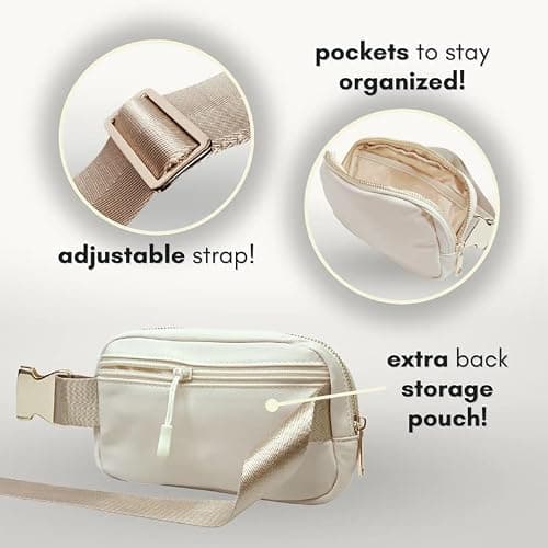 Boutique Belt Bag | Crossbody Bag Fanny Pack for Women Fashionable | Cute Mini Everywhere Bum Hip Waist Pack | Small Fashion Travel Chest Bag | Gold Silver Accessories | Adjustable Strap, Cream, One — view 4