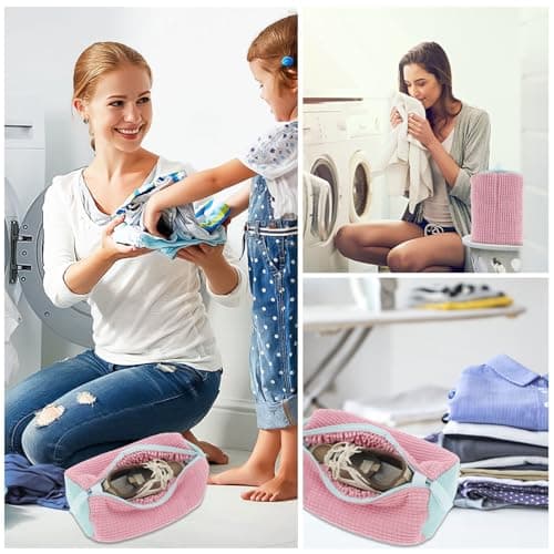 2Pcs Shoe Washing Machine Bag, Shoe Cleaning Bag with Zipper & Hook, Reusable Shoe Laundry Bag, Trainer Washing Machine Bag for Sneakers Canvas Tennis Running Shoes 39x19cm(Rose) — view 6