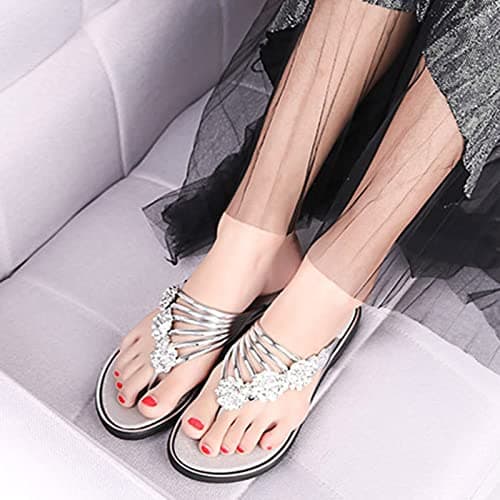 Women's Sparkly Flip Flops Diamante Sandals Glitter Slides Mules Thong Flat Shoes Summer Beach Travel Stylish Comfortable Lightweight Casual Holiday Footwear UK 4.5-6 (Silver, 6) — view 2