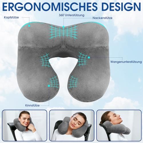 BBjinronjy Travel Pillow, Inflatable Neck Pillow for Airplane with Ear Plugs, Soft Velvet Ergonomic Neck Support Travel Pillow Inflatable for Office, Airplane, Car, Travel, Camping, Nap Pillow (Gray) — view 5