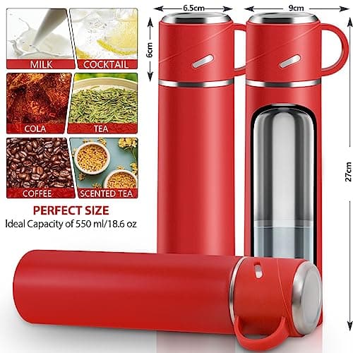 Stainless Steel Water Bottle, Leakproof Thermal Travel Mug with Lid & Handle, 550ml Double Walled Vacuum Flask, BPA Free Reusable Drink Bottle Coffee Cup Keep 12h Hot & Cold for Gym Office Outdoor,Red — view 6