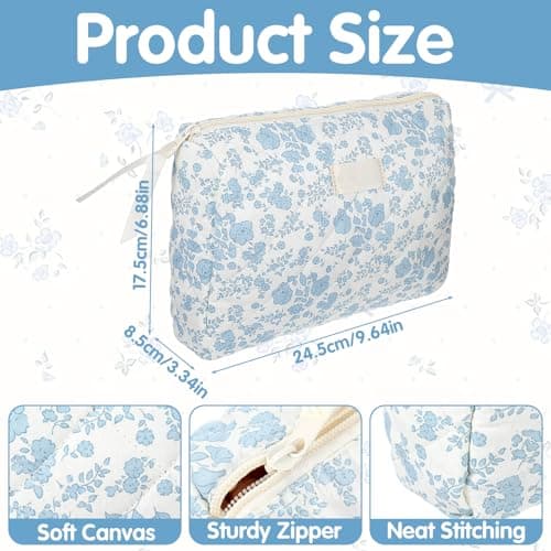 Floral Cute Makeup Bag, Large Toiletries Bag for Women Girls, Cute Cotton Makeup Pouch,Quilted Flower Travel Toiletry Organizer Bag(Blue) — view 2