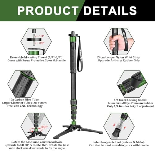 Manbily G-333 Carbon Fibre Camera Monopod 180cm for DSLR with Feet, Monopods for Cameras 5 Sections Walking Stick Hiking Pole, Mini Tripod Detachable Base, Aluminum Max 10KG Canon Nikon Sony (Green) — view 2