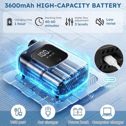 AUAUY Portable Shower for Camping, 3600mAh USB-C Rechargeable Battery Pump — view 6