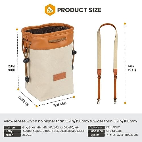 TARION Drawstring Camera Bag with Strap - Small Camera Lens Carrying Bag with Adjustable Shoulder Strap Vintage Canvas Lens Case Camera Protective Pouch Portable Lightweight 21x13x12cm B3 Yellow S — view 6