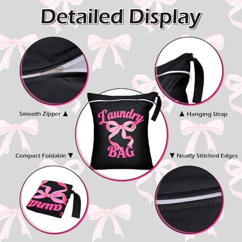 2PC Travel Laundry Bags, 55X45CM Large Waterproof Laundry Bags with Side Handles & Zippers, Dirty Clothes Organiser for Travel & Home Use (Pink Bows on Black Background) — view 4