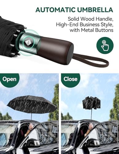 TECKNET Umbrella Windproof Strong Real Wood Handle Auto Open Close Vented Double Canopy - Portable Compact Folding Travel Umbrella, Strong Fiberglass Frame for Men and Women — view 4