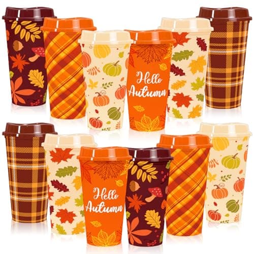 Whaline 12 Pcs 16 Oz Fall Reusable Coffee Cups with Lids Plastic Tumbler Autumn Pumpkin Plaid Maple Leaves Coffee Travel Mug for Harvest Thanksgiving Party Supplies Hot Cold Drinks
