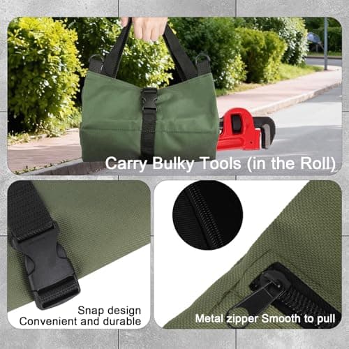 Tool Roll Bag Canvas Small Tool Bag Multi-Purpose Tools Box Organiser with 5 Zip Pockets Chisel Spanner Roll Ideal for Craftsmen Plumbers and Electricians Armygreen — view 5