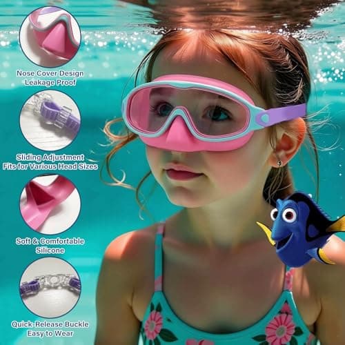 MKEOIEAU 2PCS Kids Swimming Goggles with Nose Cover, Wide View Adjustable Anti-Fog UV Protection Swim Goggle for 3-15 Boys Girls Youth — view 5