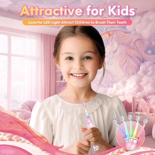 Kids Electric Toothbrush 3-5-6-12, Toddler Toothbrush Girls Electric Toothbrush with Timer Rainbow LED Light Up Sonic Battery Powered Junior Childrens Tooth Brush (Unicorn Pink) — view 2