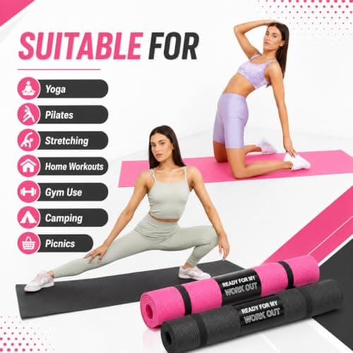 3mm Yoga Mat with Carry Strap, 173 x 61cm Lightweight Exercise Fitness Pilates Stretching Gym Mat, Pink or Black, Colour: Black — view 6