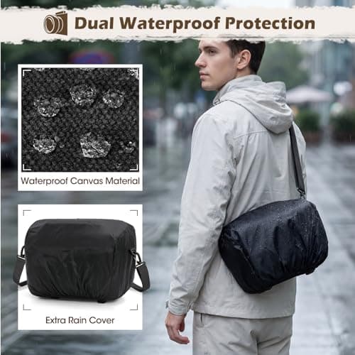 RAINSMORE Vintage Camera Sling Bag, Waterproof Canvas DSLR Mirrorless Crossbody Bag with 10mm Shockproof Padding, Rain Cover & Tripod Holder, Photography Shoulder Messenger Bag for Men Women Black — view 5