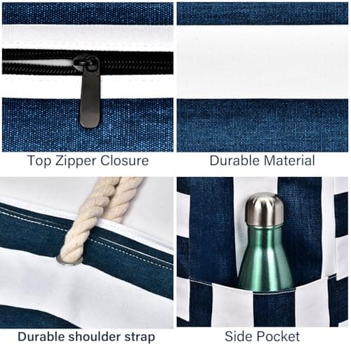 oscaurt Large Beach Bag Stripe Tote Bag with Zip Beach Bags for Women Waterproof Shopping Bag Handbags Pool Bag Holiday Essentials — view 5