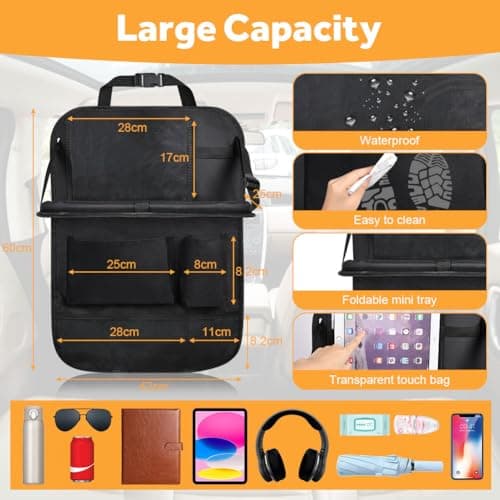 URAQT Car Seat Organizer 2 PCS, Car Back Seat Organizer, 6 Storage Pockets Cars Organizers with Foldable Table Tray and Tablet Holder, for Your SUV, Truck, Cars Storage Bag Travel Accessories Black — view 2