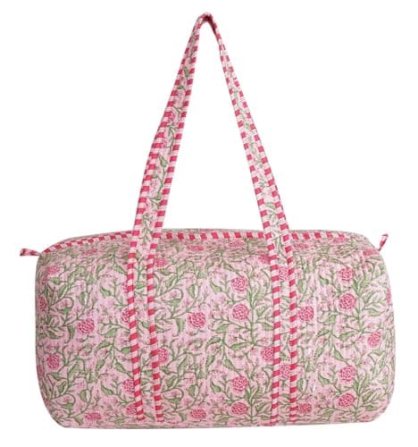 LKGSM Handmade Cotton Quilted Weekender Bag, Floral Indian Print Duffle, Bohemian Overnight Travel Tote for Women, Large Carry-on Luggage, Floral Gym Bag, D, 20x10x10 inches, New Design