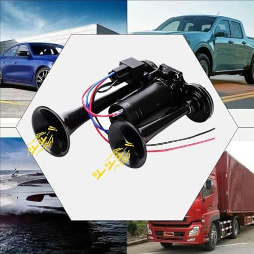Air Horn 12V 600DB, Universal 12V Dual Trumpet Air Horn Kit, Truck Train Air Horns with Compressor, Double Tube Train Horn, Dual Trumpets for Truck, Train, Car, Van, Black — view 6