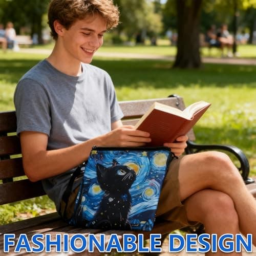 LHLZNB 3PCS Starry Night Black Cat Book Pouch Set, Waterproof Book Sleeve 22.3x29.5cm with 2 Alloy Cat Keychains Black White Heart for Book Lovers — view 3
