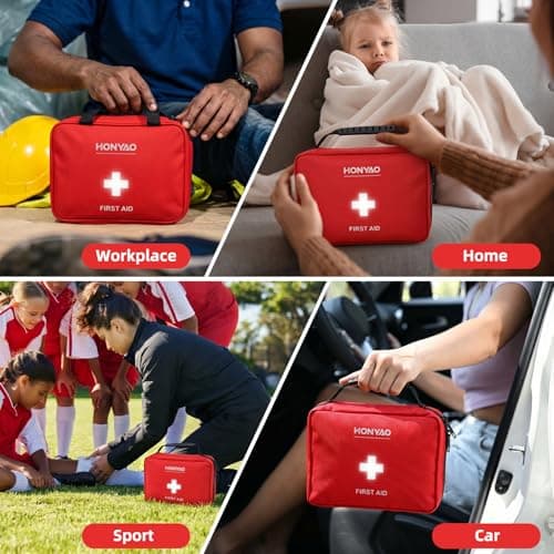 HONYAO® First Aid Kit 220 Pcs, First Aid Bag with Premium Waterproof Nylon Shell, Medical Kit for Home Workplace Car School Outdoor Camping, Includes Plasters, Cold Pack, Emergency Blanket etc. Red — view 4