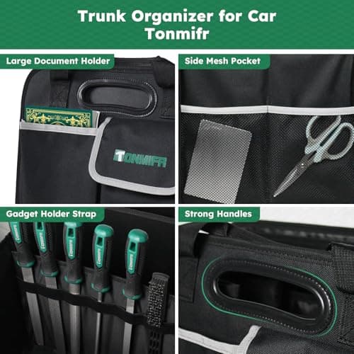 Tonmifr Heavy-Duty Car Boot Organiser & Multi-Compartment Storage Box for SUV/Hatchback/Estate, 600D Oxford Collapsible Tidy, 2 Securing Hooks & Reflective Strips - Large Capacity Organiser​ (92L) — view 6