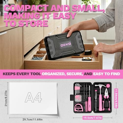 Pink Tool Kit : DEKO 56 Piece Small Mini Tool Box with Essential Hand Tools, Easy Storage for Drawer, Home DIY Tool Set Perfect as Gift — view 2