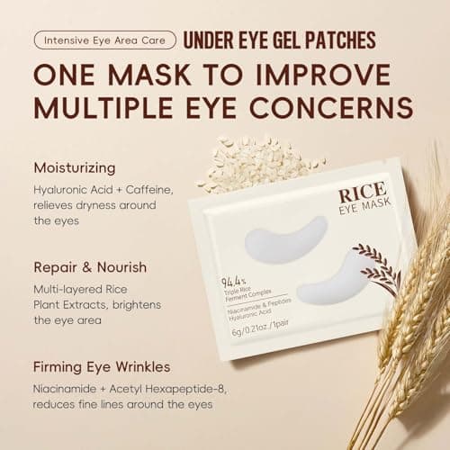 Rice Under Eye Cream & Gel Eye Mask Set – Lightweight Roll-On Rice Eye Cream + Under Eye Gel Patches for Dark Circles, Puffiness & Fine Lines – Gentle Eye Mask Skincare for Sensitive Skin 4Pcs — view 4