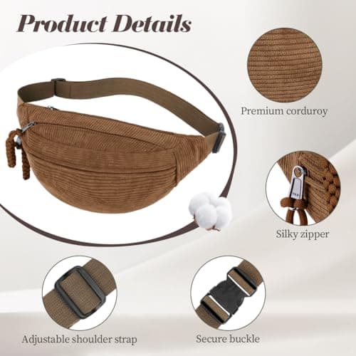 Aucuu Corduroy Waist Bag, Corduroy Bumbag, Women's Shoulder Bag, Belt Bags, Fashion Sports Chest Bags with Adjustable Shoulder Straps, Waist Pack for Daily Use, Outdoor Sports, Hiking, Travel（Brown） — view 3