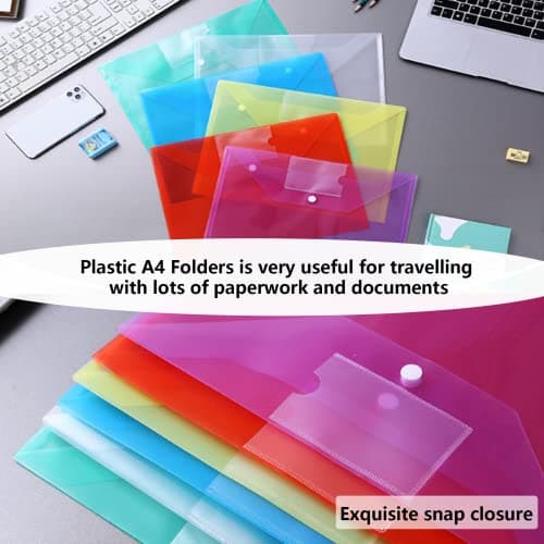 Plastic Wallets - 12 Pack A4 Folders Waterproof Plastic Wallets Document Folder Files Popper Wallets with Snap Button and Label for Home, Office, School and Travel — view 4