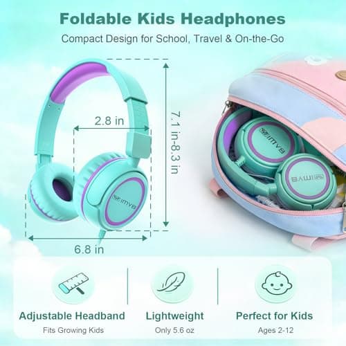 IMYB V1 Kids Headphones, Wired Stereo Foldable Tangle-Free 3.5mm Adjustable On-Ear Headphones for Kids for School/Toddlers/Childrens/Teens/Boys/Girls/Ipad/Tablet/Kindle/Phones/Travel/Plane (Green) — view 6