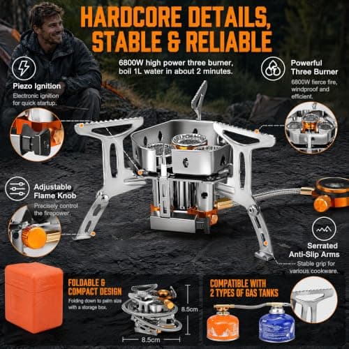 Camping Gas Stove, 6800W Portable Windproof Camping Stove with Piezo Ignition & Storage Box, Foldable Backpacking Stove,Butane Gas Burner Furnace for Outdoor Cooking Hiking Fishing Trekking Picnic BBQ — view 3