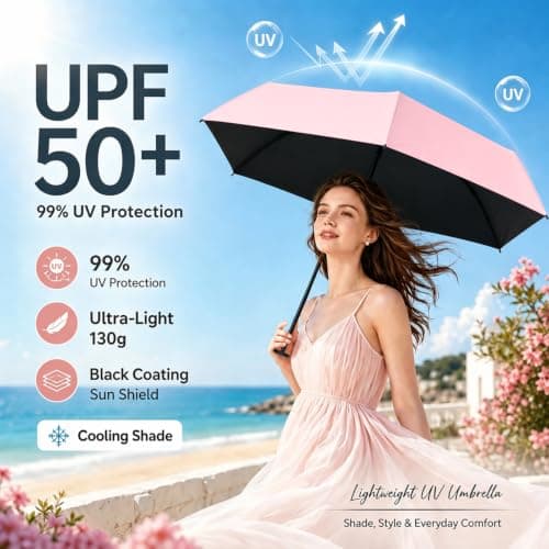 SCCGKP Mini Travel Umbrella Ultralight UPF 50+ UV Blocker Sun Protection Umbrella, Small Micro Travel Parasol Design for Women Handbag Size，Pink — view 3