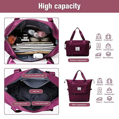 Large Capacity Folding Travel Bag - Lightweight Waterproof Carry On Luggage with Fixed Strap, Dry & Wet Separation - Foldable Travel Duffel for Sports & Gym (Wine Red) — view 3