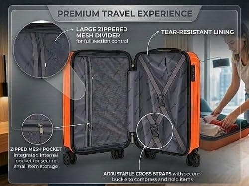 DK Luggage Carry-on 20” Cabin EasyJet, BA, Jet 2 Hard Shell Hand Luggage Approved Suitcase 4 Wheel Spinner Luggage ABS101 (Orange, 20" Cabin) — view 6