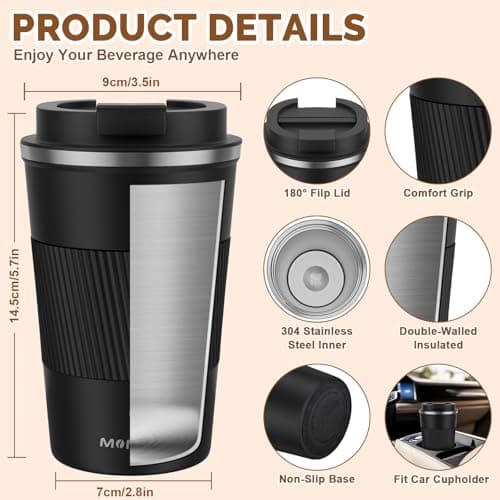 MOMSIV Coffee Cup, Insulated Coffee Cup with Leakproof Lid, Non-Slip Vacuum Reusable Stainless Steel Eco-Friendly Travel Office Mug for Hot and Cold Water Coffee and Tea, 380ml/13oz(Black) — view 2