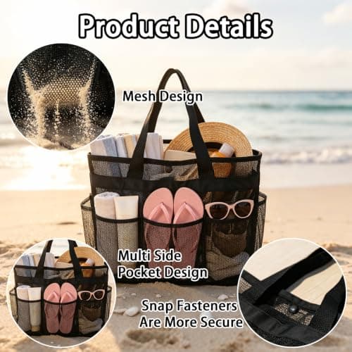 Ehuixinsheng Black Mesh Beach Bag,Lightweight Foldable Quick Dry Summer Net Beach Bag Handheld Hollow Mesh Tote Bags for Women for Family Holiday Travel Picnic Swimming Pool Grocery Organizer — view 5