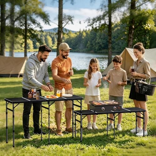 Anbte Folding Grill Table, 3 Adjustable Height Folding Camping Table with Heat-Resistant Mesh Tabletop, Lightweight Portable Handle for RV Camping, Outdoor Garden BBQ, 116 x 40cm, Black — view 2