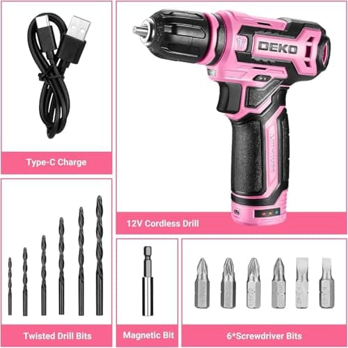 Cordless Drill：DEKOPRO 12V Power Battery Drill Set with Small Electric Drills and 3/8-inch Keyless Chuck with Portable Tool Set Gift Box (Pink) — view 6