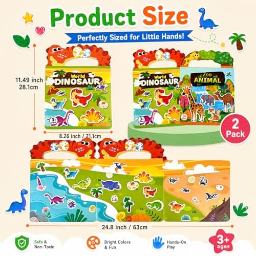 Dubydu Reusable Sticker Book for Kids 2-6, Puffy Sticker Books with Animals & Dinosaurs Themes, Kids Sticker Books Activity Set, Toddler Sticker Book Travel Toy Gifts for Boys Girls — view 5