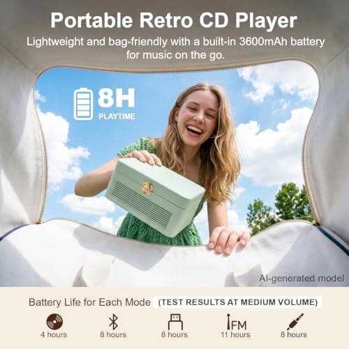 Gueray Portable Leather CD Player Bluetooth with Speakers 3600mAh Battery — view 5