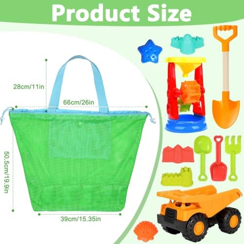 LAHAQIQI Extra Large Mesh Beach Toy Tote Bag with Drawstring- Foldable Lightweight Swimming Travel & Summer Essentials for Women Kids (Green) — view 2