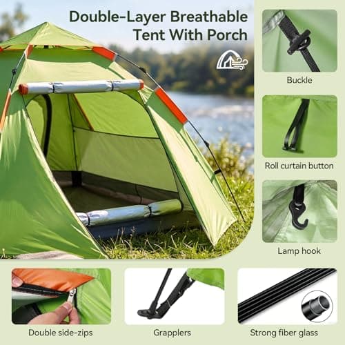 Warmiehomy Camping Tent with Porch, 2 Man Pop Up Tent, Green — view 3