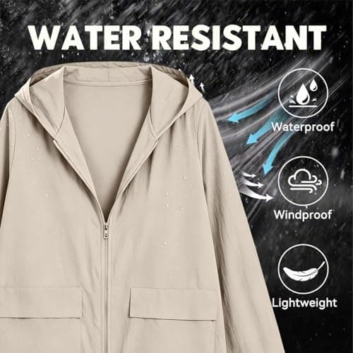 Waterproof Jacket Summer Lightweight Women's Jackets Drawstring Waisted Windbreaker Rain Coats Fashin Plus Size Ladies Rain Jackets with Hood Casual Raincoat Ponchos Clothing for Hikking Walking Beige — view 6