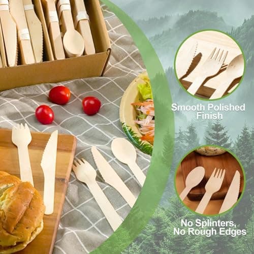 ZBXSNK 360Pcs Reusable Wooden Cutlery Set - Biodegradable Compostable Cutlery Set with 120 Spoons, 120 Forks & 120 Knives, Party Bamboo Cutlery for Picnic Camping Wedding — view 3