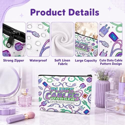 Charger Bag for Travel, Waterproof Linen Cable Bag with Data Cable Patterns, Makeup Bag with Zipper for Makeup, Electronic Accessories, Cosmetic Bags for Women, Men, Makeup Pouch for Home Travel — view 3