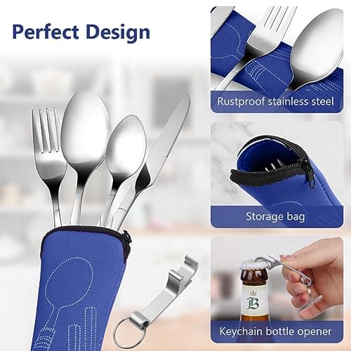 Vicloon 5PCS Camping Cutlery Set, Stainless Steel Flatware Camping Utensil Set with Portable Pouch Case, Outdoor Travel Picnic Office Lunch Cultery for Picnic School Knife Fork Spoon (Dark Blue) — view 3