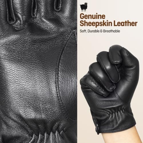 Men's Sheepskin Leather Gloves for Driving, Warm Fleece Lined Touchscreen — view 2