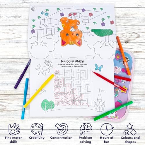 abeec Colouring & Activity Lap Case Pink | Portable Travel Art Set for Girls | 40 Page Colouring Pad, 6 Felt Tip Pens, Over 100 Stickers | Fun Lap Tray for Holidays, Homework & Road Trips — view 4