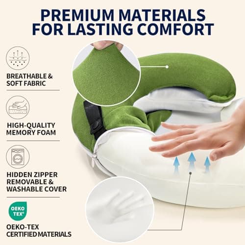 BUYUE Travel Neck Pillows for Airplanes, 360° Head Support Sleep for Long Flight, Skin-Friendly & Breathable, Kit with 3D Contoured Eye Mask, Earplugs and Storage Bag (Large, Green, 90+ lbs) — view 4