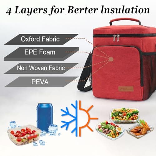 TuErcao 18 Can Small Cooler Bag, Portable Collapsible Soft Ice Chest for Beach Hiking Picnic Camping Travel Cooler for Car Road Trips, Red — view 2